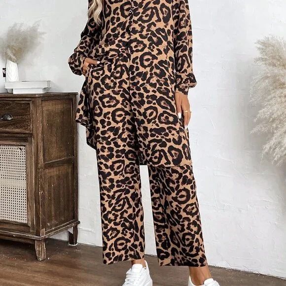 Multicolor Casual Women's Loose Fit Leopard Print Blouse & Pants Set - Picture 6 of 6